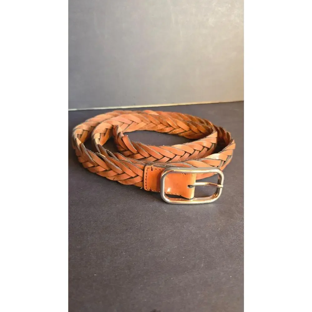 Michael Kors Belt Mens Size 45 Brown Leather Braided Woven Silver Buckle